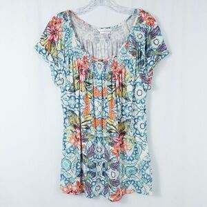 Christopher & Banks Tropical Smocked Short Sleeve Knit‎ Top Size XL Floral Birds